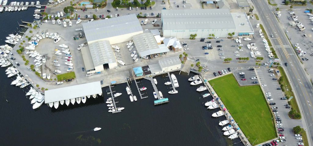 An aerial view of Treasure Island Marina